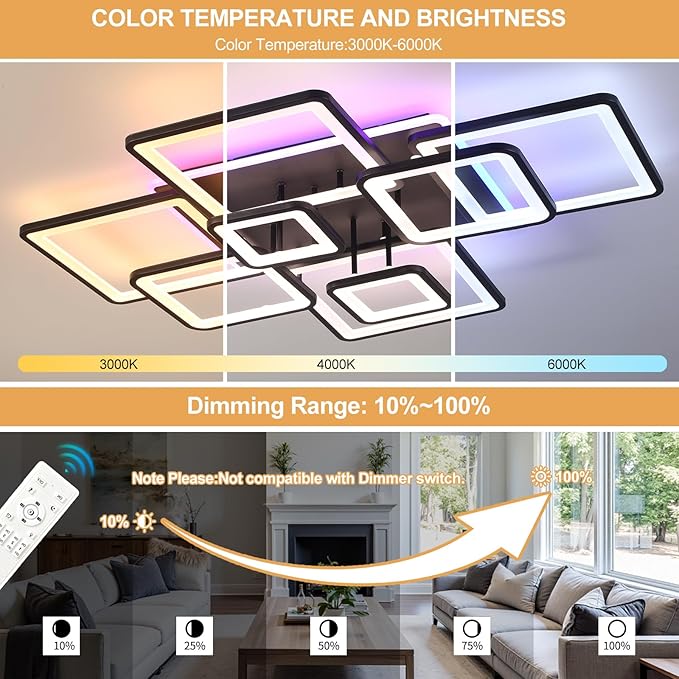 Stunning Layered Square Geometric Modern LED Ceiling Light - 100W Super Bright Black Flush Mount Chandelier, Dimmable RGB, Remote Control Included for Living Room Bedroom Dining Room