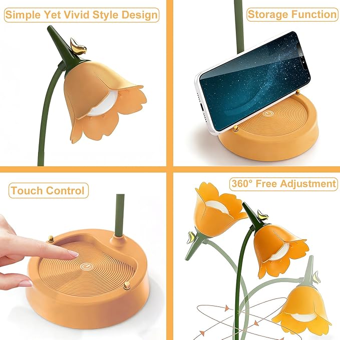 magical JD LED Desk Lamp Cordless Table Light Adjustable Gooseneck Dimmable Touch Rechargeable Battery Eye-Caring Night Light for Kids, Mini Cute Lamp for College Dorm Bedroom Reading, Yellow