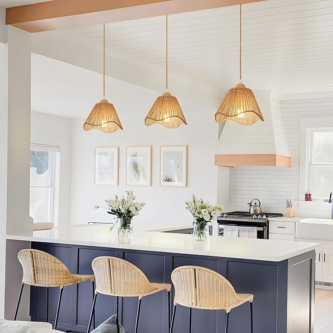 3 Pack Wave Rattan Chandelier Pendant Lights Kitchen Island,Farmhouse Boho Chandeliers Adjustable Height Hanging lamp for Dining Room,Kitchen Ceiling Light Fixtures Hand Woven Wicker Lampshade