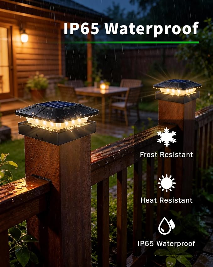 4x4 Post Solar Lights, 3 Colors Solar Fence Lights, 2 Brightness Solar Post Cap Lights Waterproof, Deck Lights for Wood/Vinyl Posts, Garden, Patio, Stripe Light, 2 Pack