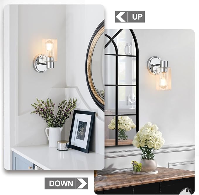 2 Light Bathroom Wall Sconce Light Fixtures with Clear Glass Bathroom Wall Lights Over Mirror Vanity Lights Chrome with E26 Base