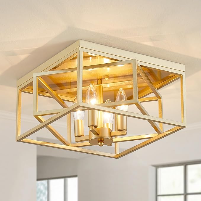 Square Ceiling Light, 4-Light Flushmount Modern Close to Ceiling Light Fixture for Living Room, Bedroom, Dining Room, L13 x W13 x H7 inch, Gold Finish Frame