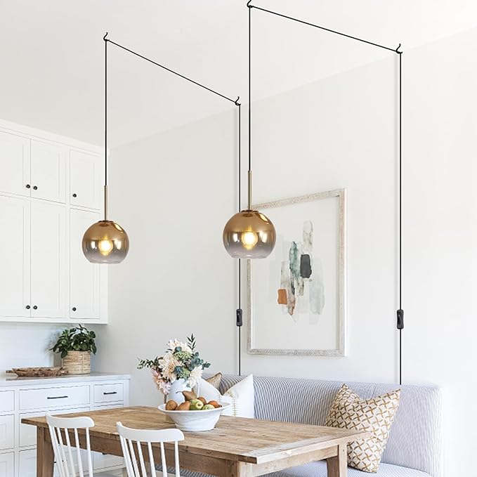 KCO Lighting Modern Pendant Lights Kitchen Island Mid Century Plug in Pendant Light Glass Hanging Lamp with Cord Globe Gold Hanging Light Bedroom Ceiling Lights Plug in