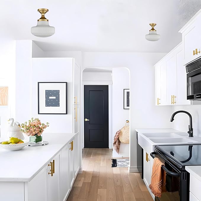 CLAXY Modern Gold Schoolhouse Ceiling Light Semi-Flush Mount Ceiling Light Fixture Ribbed Milk Glass Lamp for Hallway Entryway Bedroom Kitchen Bathroom