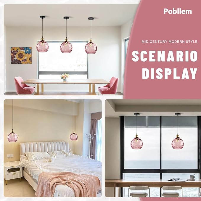 Pink Pendant Light Glass Globe Pendant Lights Kitchen Island Light Fixtures Ceiling Hanging with Hammered Glass Pendant Chandelier Lighting for Dining Room Living Room Girls Bedroom