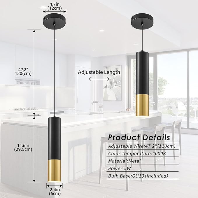 Modern Pendant Light Fixtures for Kitchen Island,2 Pack Black and Gold Pendant Light with LED Bulb,Minimalist Ceiling Hanging Light for Dining Room Bedroom Cafe Bar 5W 4000k