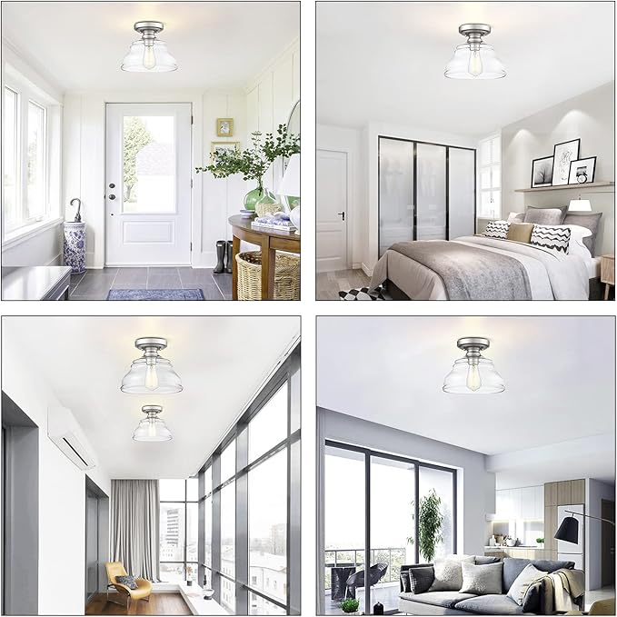 MEXO Industrial Semi Flush Mount Ceiling Light, Modern Clear Glass Shade Ceiling Light Fixture Farmhouse Close to Ceiling Lights in Satin Nickel for Hallway Bedroom, Kitchen Entryway Porch