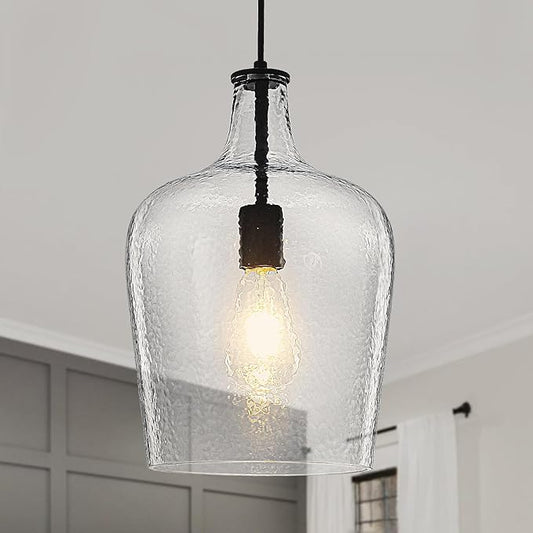 9.3" Blown Glass Pendant Lighting for Kitchen Island,Black Large Pendant Light Fixture with blown Thickened Glass,1 Light Farmhouse Hanging Light for Hallway,Bedroom, Living Room Tall 14 inch