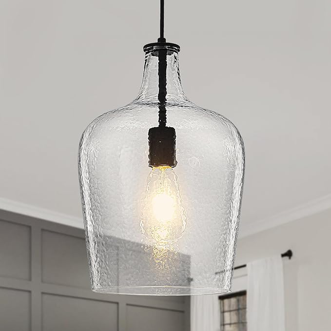 2 Pack 9.3" Glass Pendant Lighting for Kitchen Island,Black Large Pendant Light Fixture with blown Thickened Glass,1 Light Farmhouse Hanging Light for Hallway,Bedroom, Living Room Tall 14 inch