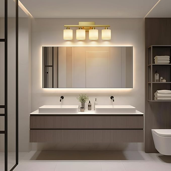 PARTPHONER Bathroom Light Fixtures, Bathroom Lighting Fixtures Over Mirror, Interior Classic Vanity Lights, Modern Vanity Light with Textured White Glass Shade, Brushed Gold, 4-Light
