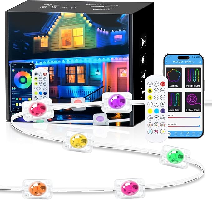 KISUFU 200FT RGB+IC Permanent Outdoor Lights, 24V Year-Round Roof & Eaves Lighting with 221 Modes, App & Remote Control, IP68 Waterproof, Smart Outside Lights for Valentine, Christmas, Holidays