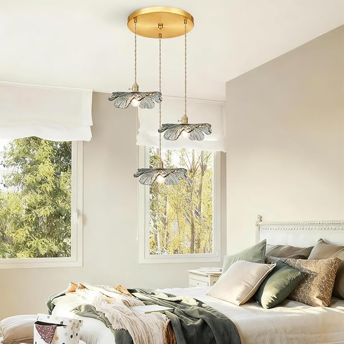 Gold Brass Chandelier 3-Light Retro Hanging Pendant Light Fixtures Dark Green Glass Shade Mid Century Modern Chandelier for Dining Room Farmhouse Living Room