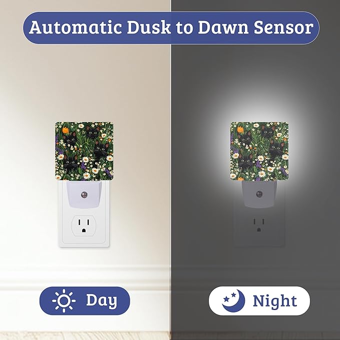 Cute Cats Flowers Night Light with Dusk to Dawn Light Sensors, Plug-in Wall Led Night Lights, Energy Efficient Lamp for Bedroom,Bathroom,Kitchen,Hallway,Stairs, Gifts Ideal for Girls Women