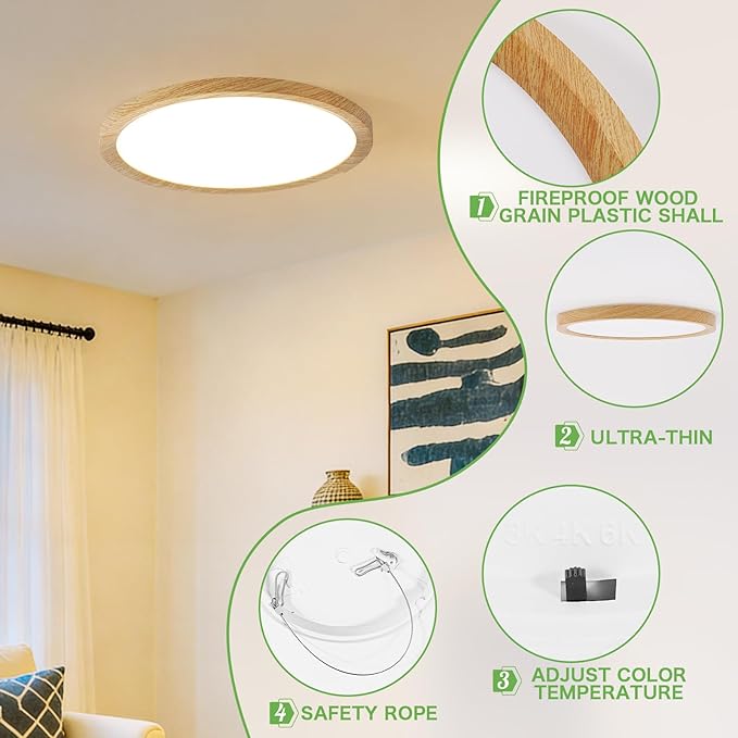Kimjo 12 Inch 24W Modern Flush Mount Ceiling Light, 3 Color Temperature Wood Grain Flat Ceiling Light Fixture Led Light for Bedroom Kitchen Bathroom Hallway