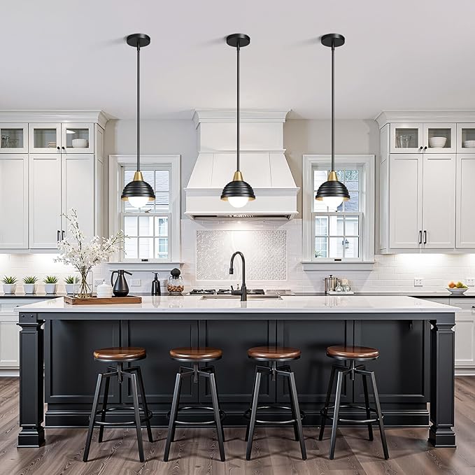 Industrial Kitchen Pendant Light Fixtures: 3 Pack 6 Inch Metal Modern Chandelier - Adjustable Farmhouse Black & Gold Pendant Lighting for Kitchen Island Hallway