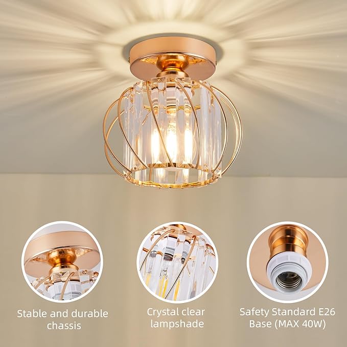 Semi Flush Mount Crystal Ceiling Light Pack of 2, Crystal Metal Cage Hallway Ceiling Lamps, Farmhouse Ceiling Lamp Fixture, Industrial Crystal Chandelier for Corridor Bathroom Kitchen (Gold, 7.5 Inch)