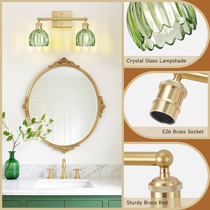 Bathroom Lights Over Mirror,2-Light Vintage Vanity Light Fixtures,Retro Brass Bathroom Light, Flower Wall Sconce With Green Tulip Glass Shade For Bedroom, Living Room, Dressing Table, E26 Base