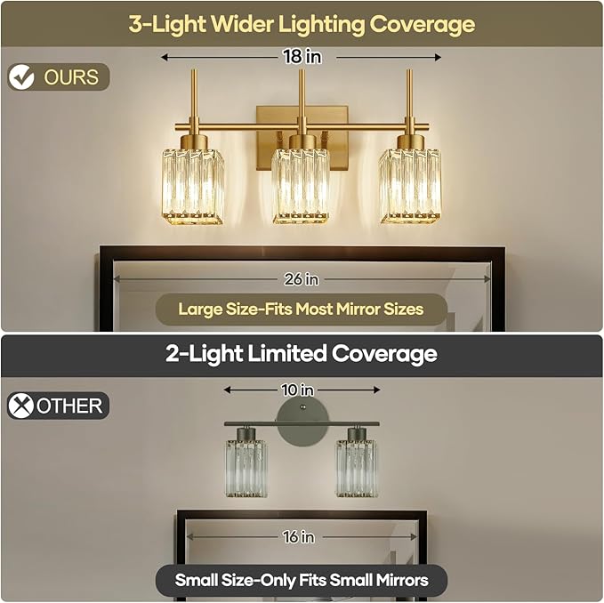 Torondo Modern Crystal Bathroom Vanity Light 3-Light Brushed Gold Bathroom Light Fixtures Over Mirror Brushed Gold Vanity Lighting Fixtures Square Shade Brass Wall Sconce (Bulbs Not Include)