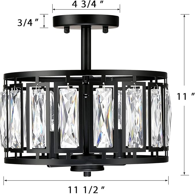 Modern Crystal Semi Flush Mount Ceiling Light Black Close to Ceiling Light Fixtures,3-Light Ceiling Light for Dining Room Bedroom Kitchen Island Hallway Entryway