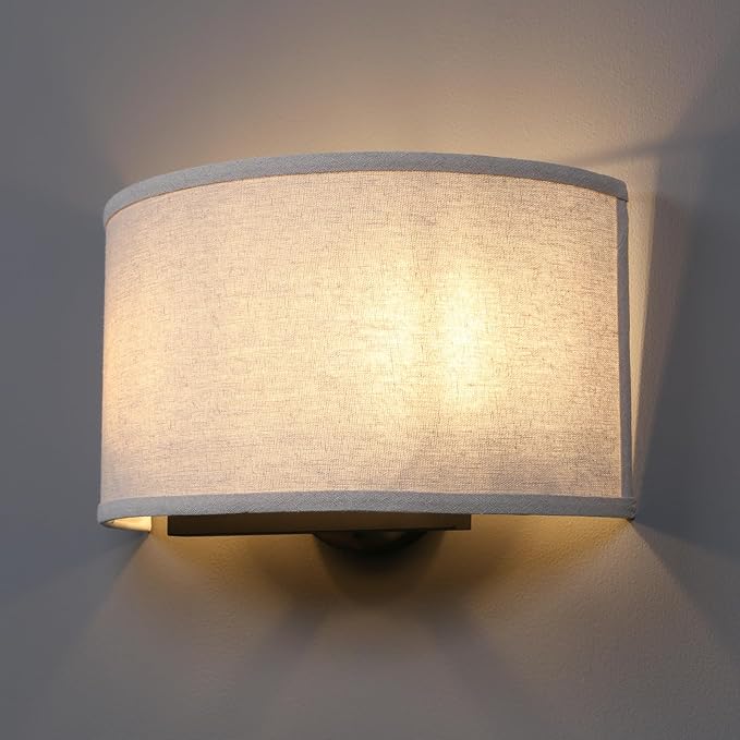 Yosoan 2-Light Linen Fabric Boho Hallway Wall Sconce Indoor Light Fixture, Dual Vintage Industrial Hardwired Half Moon Wall Lighting Semicircle Textile Shade for Bedroom Living Room Corridor Study