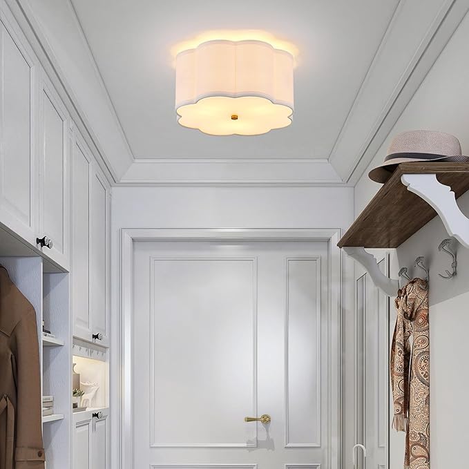 12.99“ Semi Flush Mount Ceiling Light Fixture Modern 3-Lights Gold Drum Ceiling Lighting Vintage Linen Ceiling Lamp for Laundry Room, Kitchen, Basement, Dining Room, Bedroom