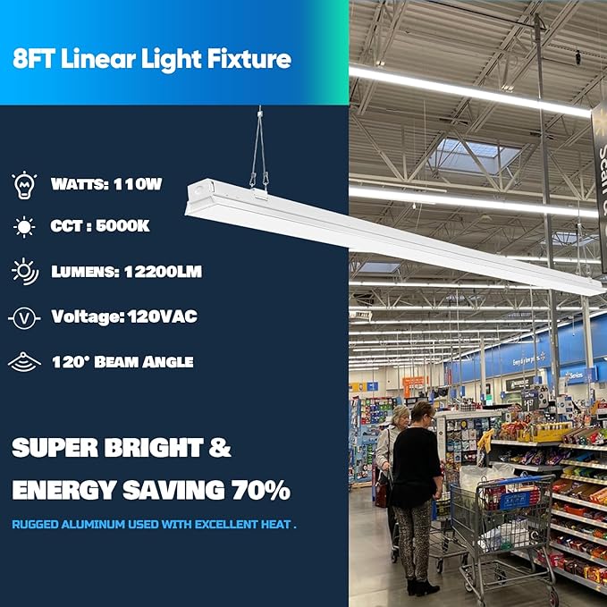 ANTLUX 8FT LED Shop Light Fixture, 110W LED Strip Light, 12200 LM, 5000K, 8 Foot Led Linear Lights, Linkable led Lighting for Garage Warehouse Workshop, Fluorescent Tube Replacement, 2 Pack