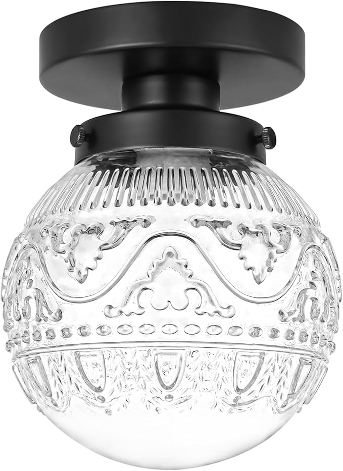 Daunton Semi Flush Mount Ceiling Light Fixtures, Vintage Globe Glass Ceiling Light Fixture, Antique Small Black Hallway Light Fixtures for Bedroom, Closet, Entryway, Bathroom, Kitchen