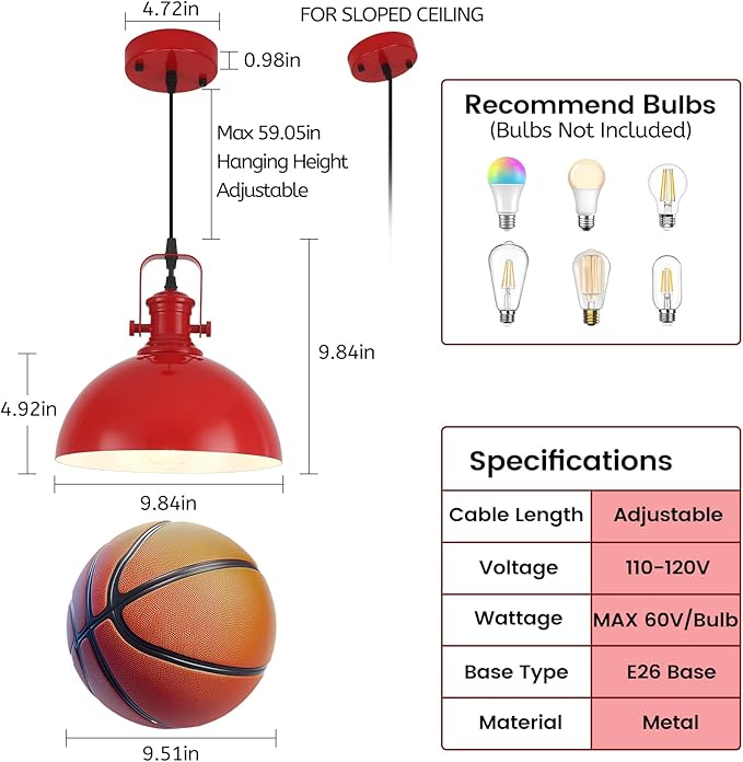 Red Pendant Lights 2 Pack, 9.8" Farmhouse Pendant Lights, Industrial Pendant Light, Modern Pendant Lighting for Kitchen Island Dining Room Bedroom