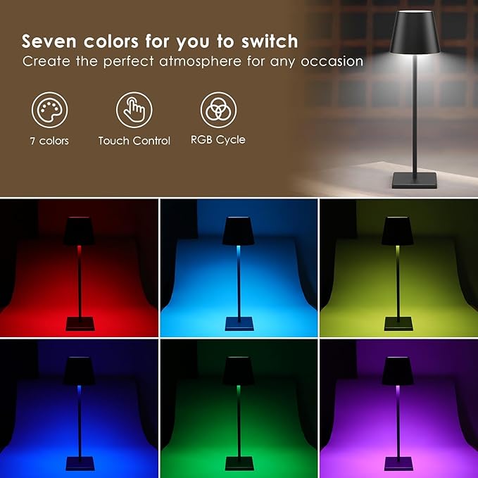 2 Pack LED Cordless Table Lamp with RGB & Stepless Dimming Rechargeable Battery Desk lamp 3W 5000mAh Battery Operated with Modern Portable Table Light for Indoor/Outdoor IP54 Waterproof (Black)