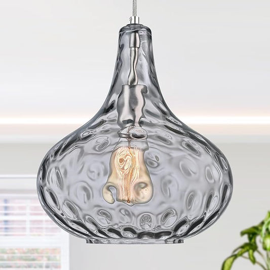 11" Smoked Hammered Glass Pendant Light – Modern Ceiling Hanging Fixture with Brushed Nickel Finish for Kitchen Island, Dining Room, Hallway, Entryway – E26 Base