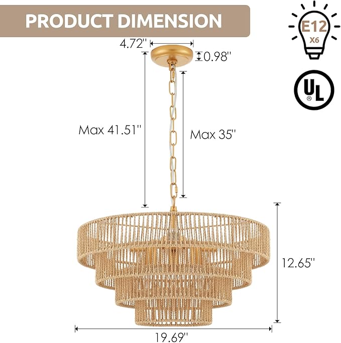 6-Lights Hand-Woven Rattan Pendant Light 4 Round Transitional Minimalist Boho Large Pendant Light for Kitchen Island Dining Room Living Room Hallway, Dia 20 Inch, UL Listed