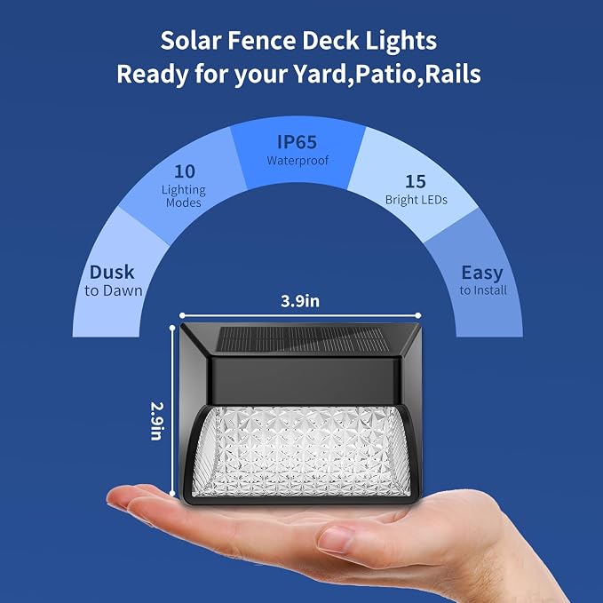 Tadyreal Solar Fence Lights Outdoor Waterproof IP65, 10 Lighting Modes Fence Lights Solar Powered with 15 Bright Led Lens, Backyard Light Outdoor for Deck Railing Step Pool Patio Wall - 8 Pack