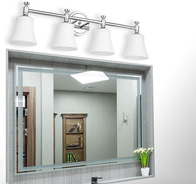 Bathroom Vanity Light Fixtures, Traditional Chrome 4 Lights Wall Sconce Lighting with Opal Glass Shade, Porch Wall Mount Light Fixture for Bathroom, Mirror Cabinets Hallway Stairs