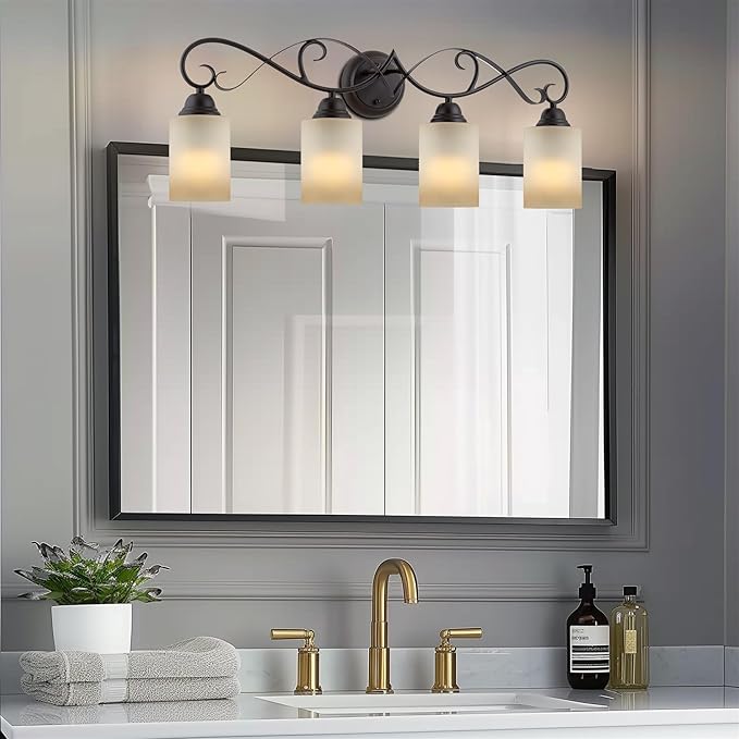 Kira Home Villa 31" Traditional 4-Light Bathroom Vanity Light with Scrollwork Design and Frosted Amber Glass Shades, Oil Rubbed Bronze Finish