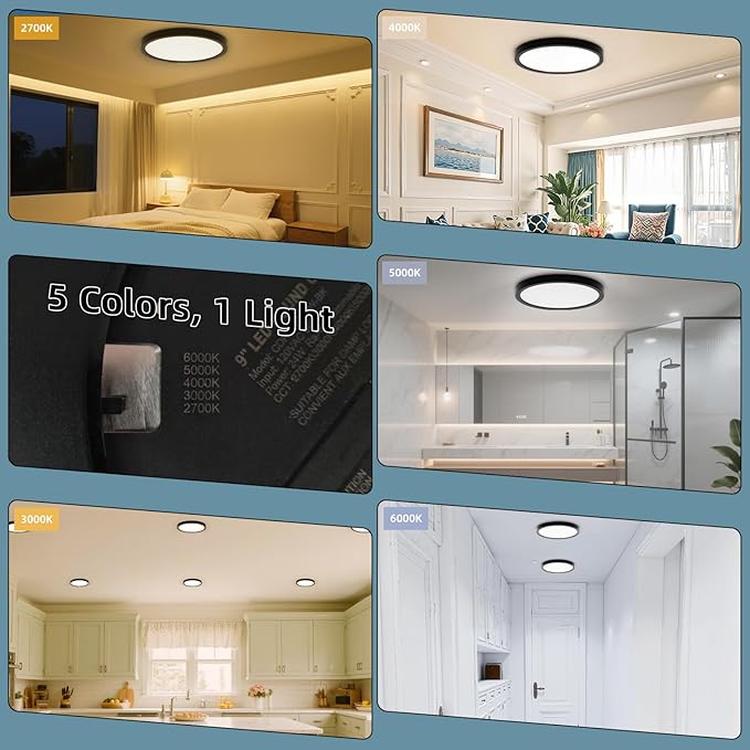 TOPELER Black LED Flush Mount Ceiling Light, 9inch 24W 2000Lm Dimmable Overhead Lighting Fixture, 5CCT Selectable Round Flat Panel Light for Laundry, Stairwell, Basement, Bathroom