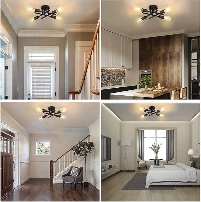 Lomoky Industrial 4-Light Semi Flush Mount Ceiling Light Fixture, Modern Black Close to Ceiling Light, Farmhouse Chandelier Ceiling Lamp for Hallway Kitchen Bedroom Living Room (2 Pack)
