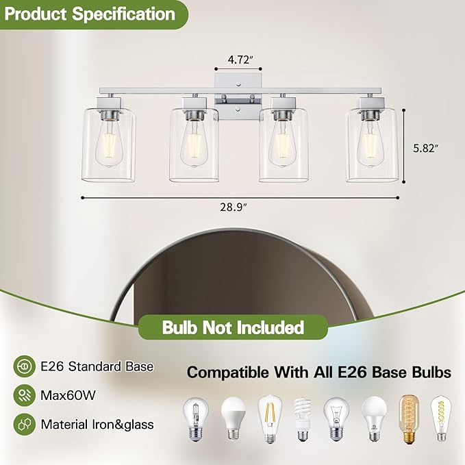 Espird 4 Light Bathroom Vanity Light - Chrome Bathroom Light Fixtures Square Design & UL Certification, 26 inch Square Bath Room Lights Over Mirror, Vanity Lighting Fixtures for Living Room & Bedroom