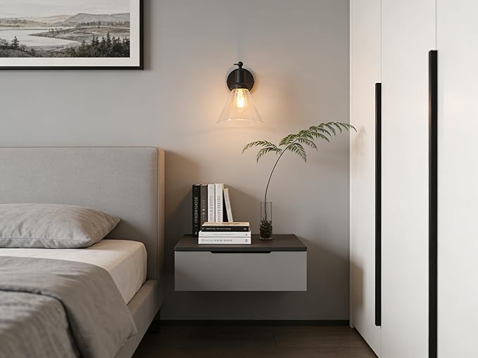 PERMO Industrial Vintage Slope Pole Wall Mount Single Sconce with Funnel Flared Clear Glass Shade Wall Sconce Light Lamp Fixture (Matte Black)