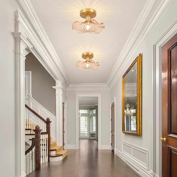 Semi Flush Mount Ceiling Light,Flower Amber Glass Ceiling Lighting 8.8" E26 Porch Ceiling Light Fixtures for Closet Hallway Kitchen Dining Room