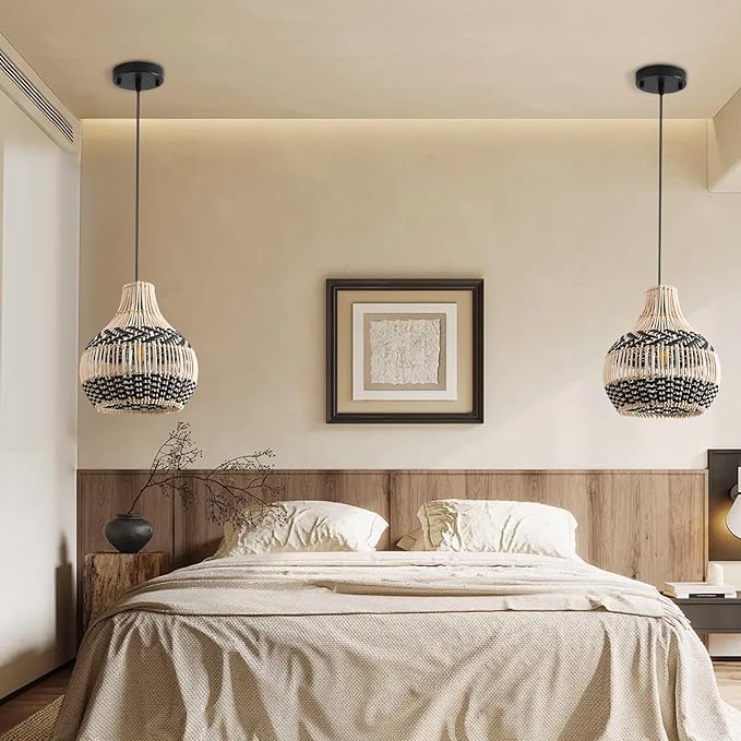 3-Pack Fax Rattan Pendant Light Fixture Mini Hand-Woven Black White Rattan Chandelier 10.24" Boho Wicker Hanging Lamp for Dining Living Bedroom Kitchen Farmhouse