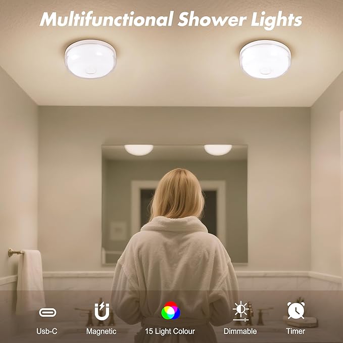2-Pack Rechargeable Shower Light No Wiring, 15 RGBW Color Changeable Waterproof Lights for Shower with Remote(Dimmable＆Timer), LED Light for Inside Shower, Wireless Mood Lighting for Bathroom, White