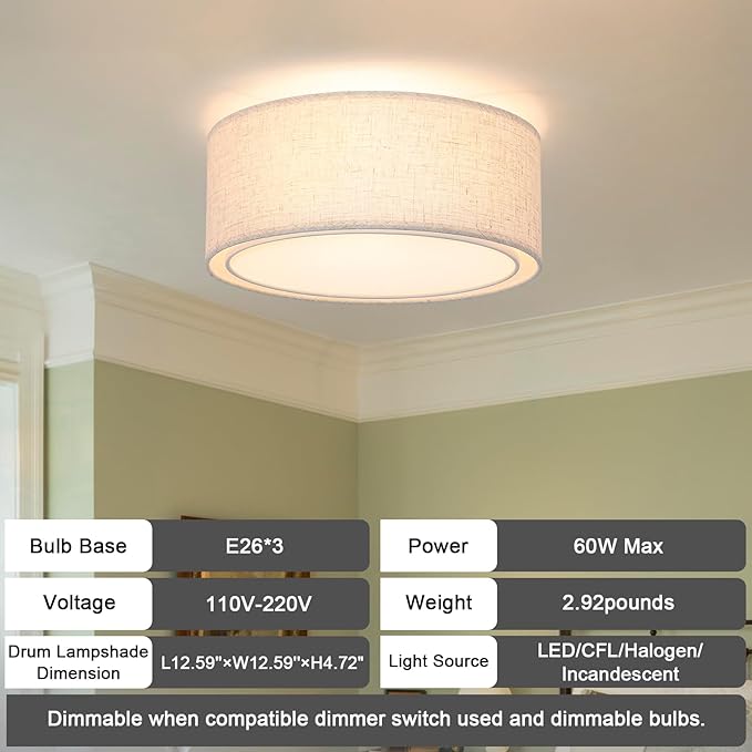 Luupyia 12.59 Inches Fabric Drum Ceiling Light Fixture, 3-Lights White Simple Semi Flush Mount Ceiling Lights with Double Fabric Shade, Drum Overhead Lighting for Bedroom Hallway E26, 60W