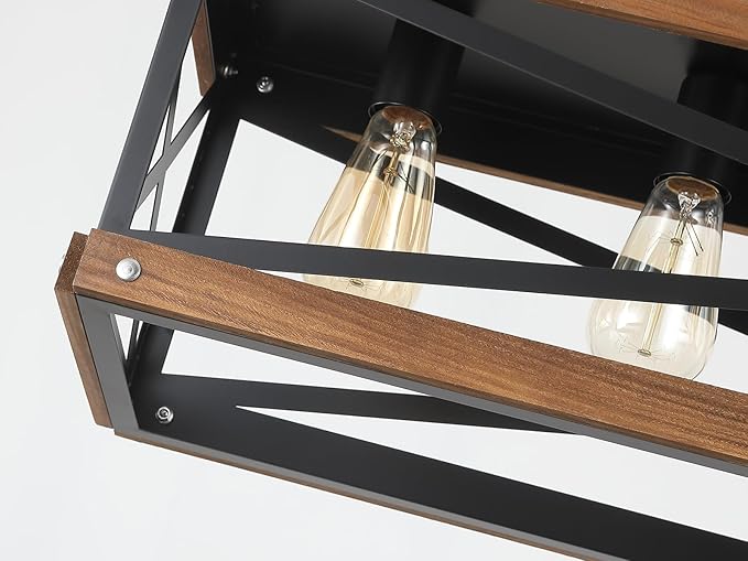 Rustic Farmhouse Plug in Kitchen Island Lighting, 6 Lights Rectangular Pendant Light Fixture with Adjustable Chain, Dimmable Switch, Oak Wood and Metal Linear Chandelier for Dining Room Home, Black