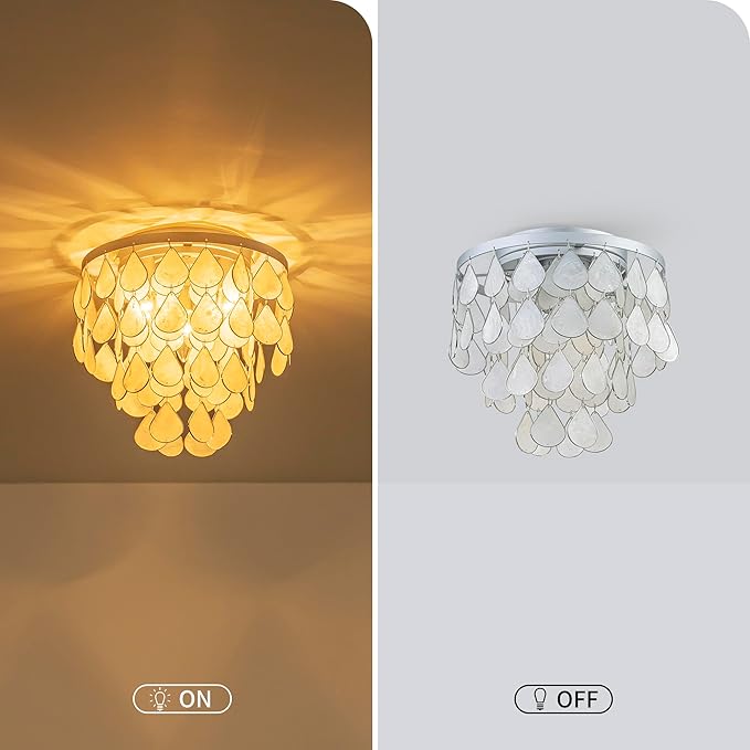 3-Light Teardrop Capiz Shell Ceiling Light, Coastal Design Flushmount Close to Ceiling Light for Kitchen, Dining Room & Bedroom, D11 * H11 inch, Silver Finish