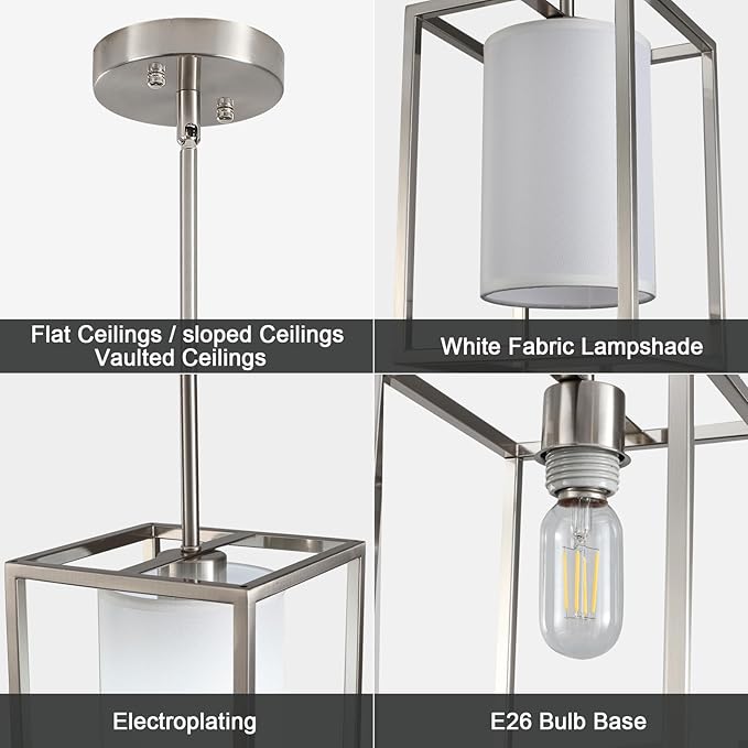 Brushed Nickel Pendant Lights Kitchen Island 2 Pack, Modern Small Lantern Kitchen Pendant Lighting Over Island, Farmhouse Kitchen Island Lights Ceiling Hanging, Industrial Cage Pendant Light Fixtures