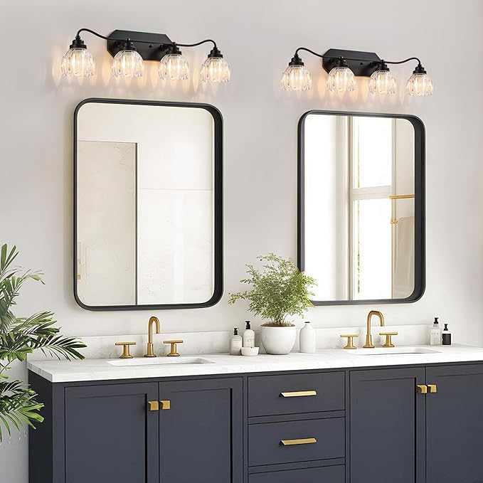 Vintage Bathroom Light Fixtures, 4 Light Bathroom Vanity Light, Black Matte Antique Brass Finish with Crystal Glass Shade, Mid Century Wall Sconces for Bedroom, Living Room, Hallway