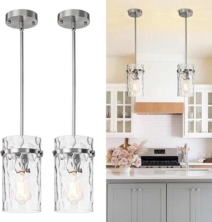 5.5" Brush Nickel Hammered Glass Pendant Light Fixtures, Brushed Nickel Pendant Lights Kitchen Island, Modern Kitchen Island Light Dining Room Light Farmhouse Island Lights Sink 2 Pack