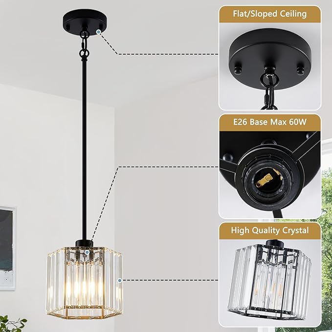 XSDeTu Black Pendant Lights Kitchen Island 2 Pack, Modern Crystal Chandeliers, Mini Hexagonal Pendant Light Fixture, Adjustable Hanging Ceiling Light for Kitchen Island Dinning Room Sink Bedroom