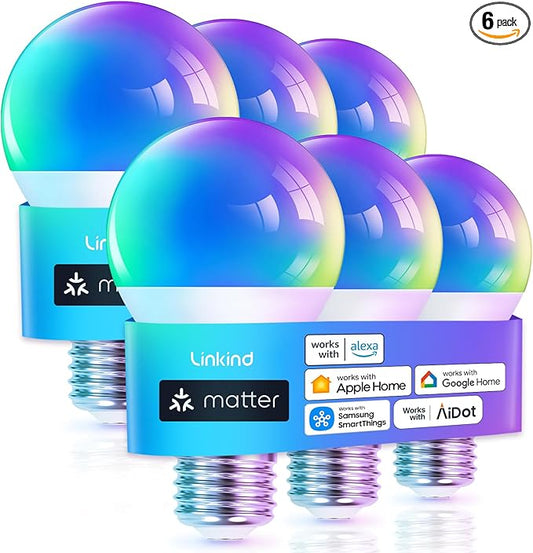 Linkind Matter Smart Light Bulb, WiFi Smart Bulbs, Work with Apple Home, Siri, Alexa, Google, SmartThings, RGBTW Color Changing Bulbs Mood Lighting, Music Sync, A19 E26 60W, 2.4Ghz WiFi 6 Pack
