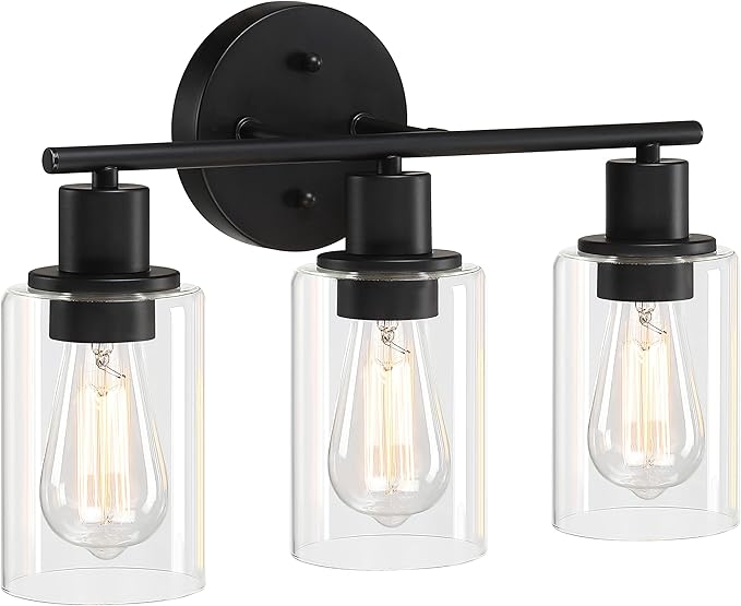 Pia Ricco Bathroom Vanity Light Fixtures, 3-Light Black Vanity Lights with Clear Glass Shades, Modern Wall Light Fixture Over Mirror, Bathroom Wall Sconces for Mirror Living Room Bedroom Hallway
